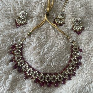 Dark red tikka set with necklace | Indian jewelry